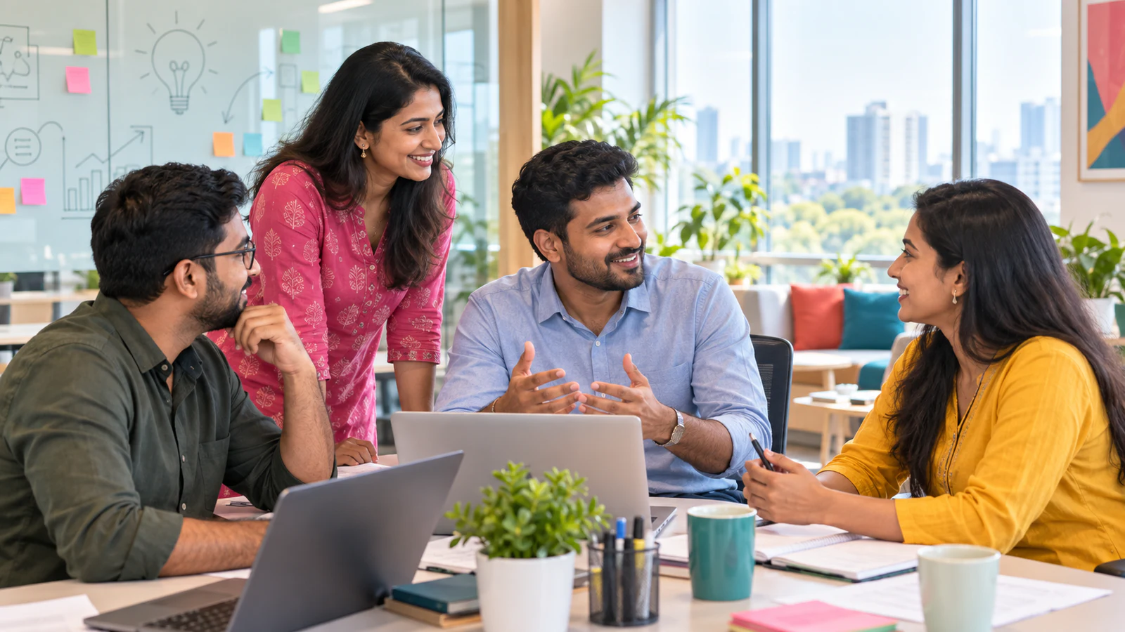 Indian technology professionals collaborating in a bright, colorful office