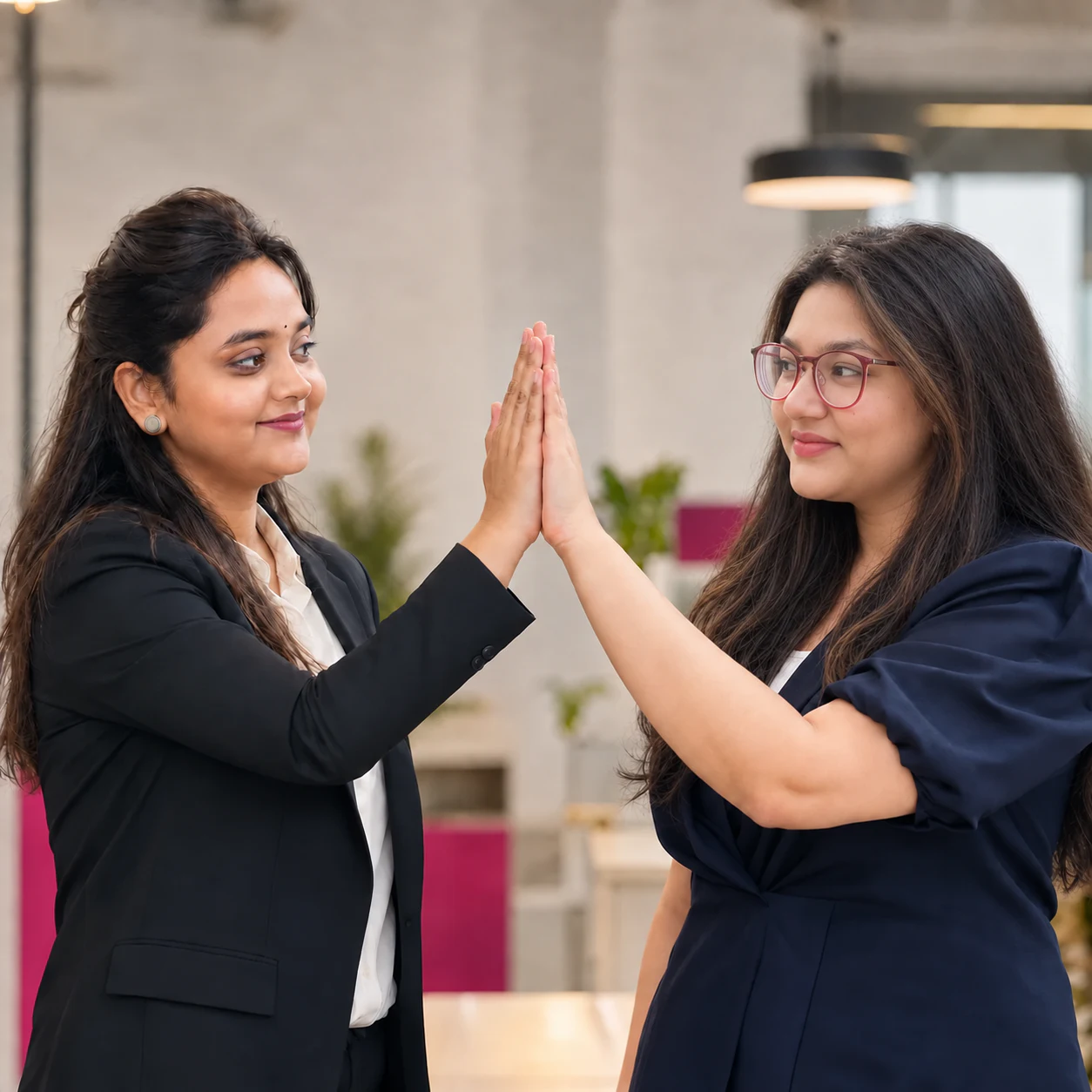 Ritika Gupta and Himanshi Singh high-fiving after a successful delivery
